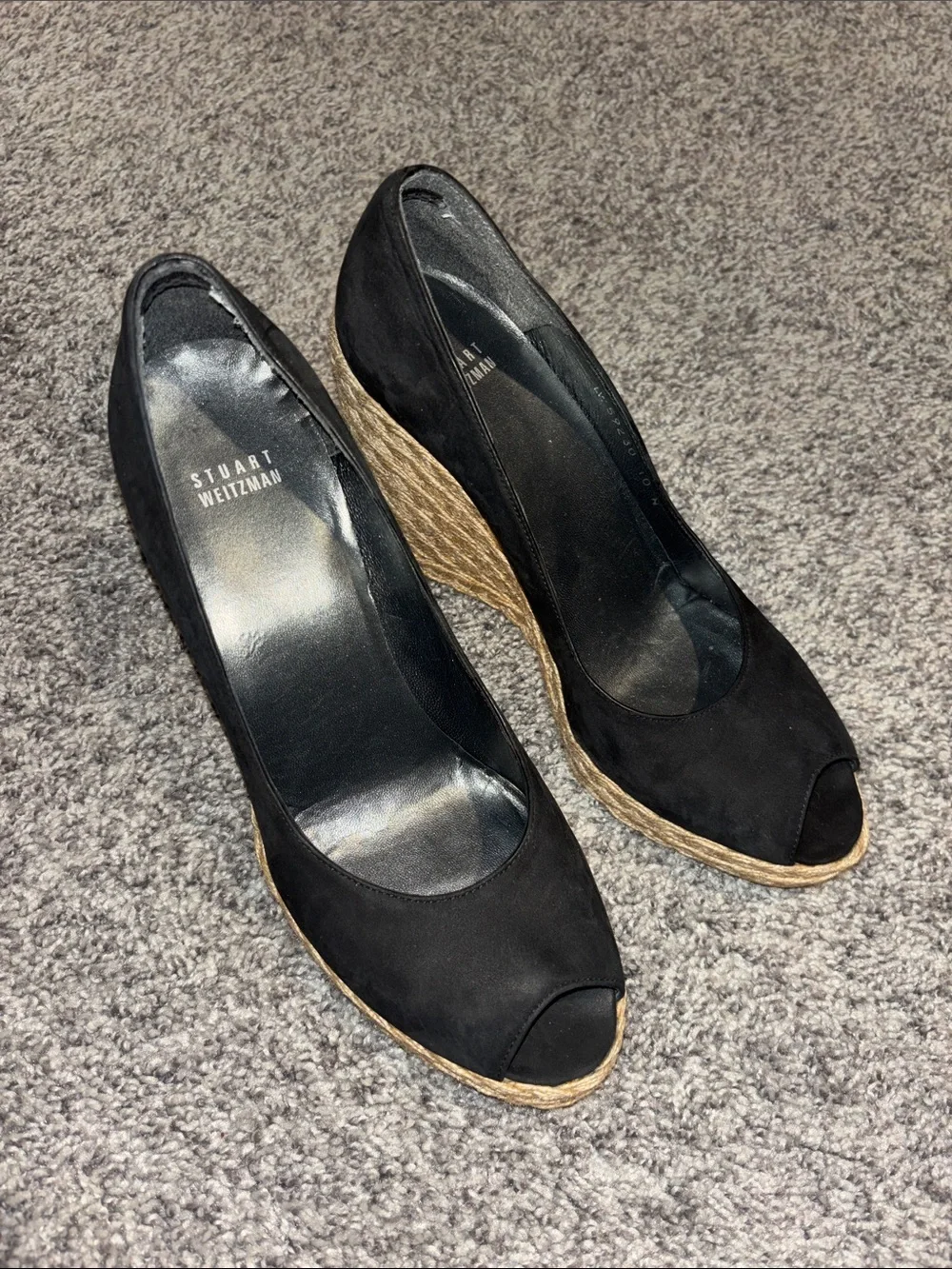 Stuart Weitzman Black Suede Peep-Toe Espadrille Wedges with Natural Jute